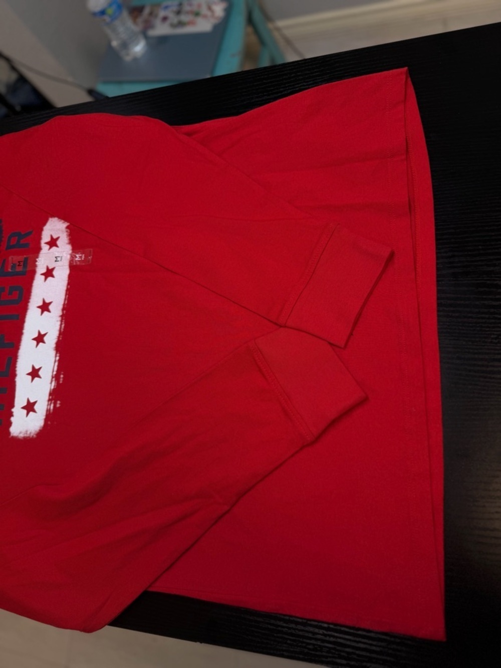Tommy Hilfiger Red Long Sleeve Logo Tee with Navy and White Stars - Picture 3 of 3